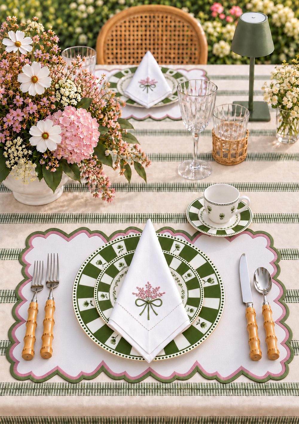 Mesa posta com a coleção Verde de porcelana e bordados
